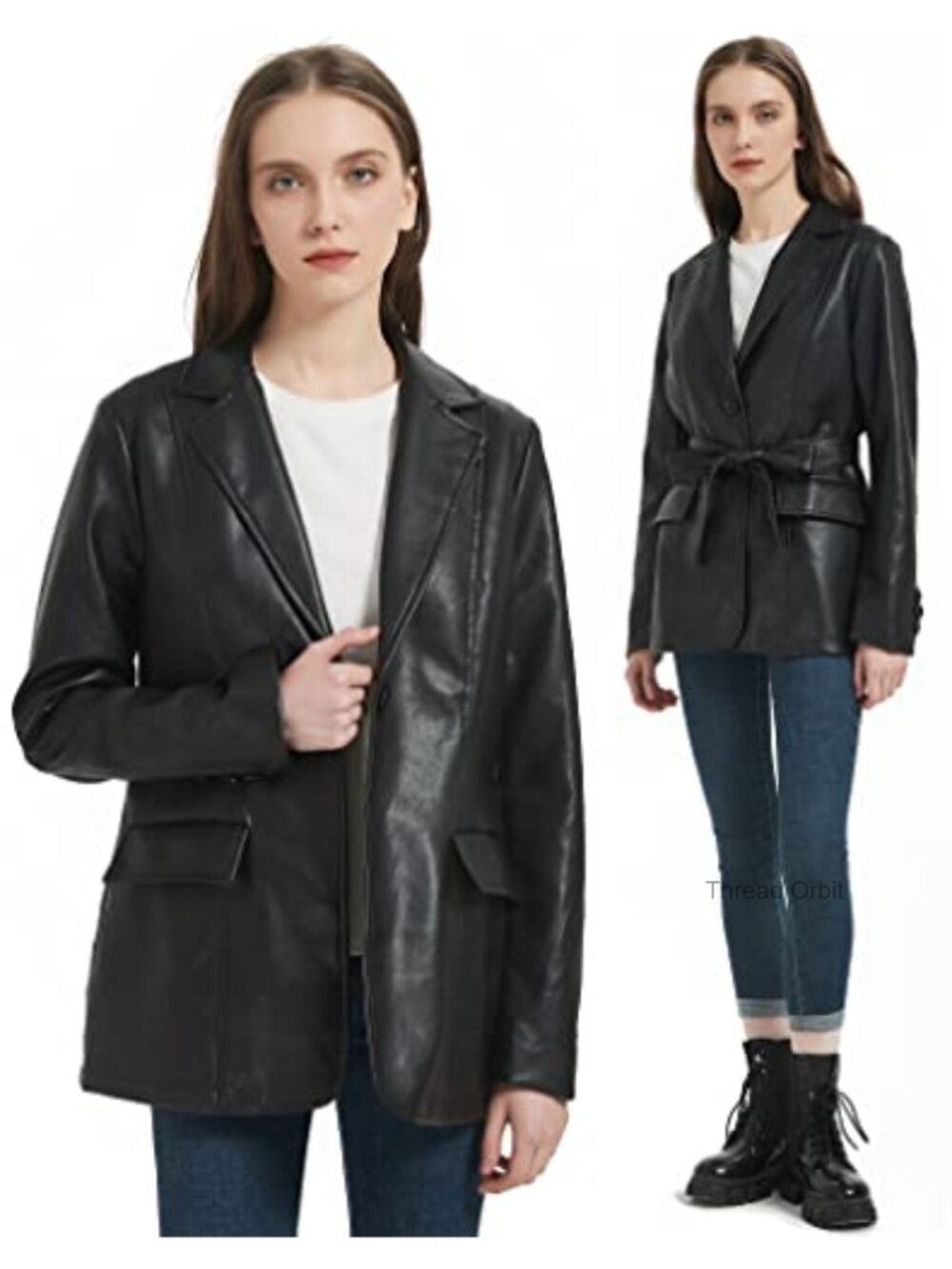 Faux Leather Blazer Jacket with Removable Belt, Notched Lapel, Vegan PU Coat - Picture 3 of 6